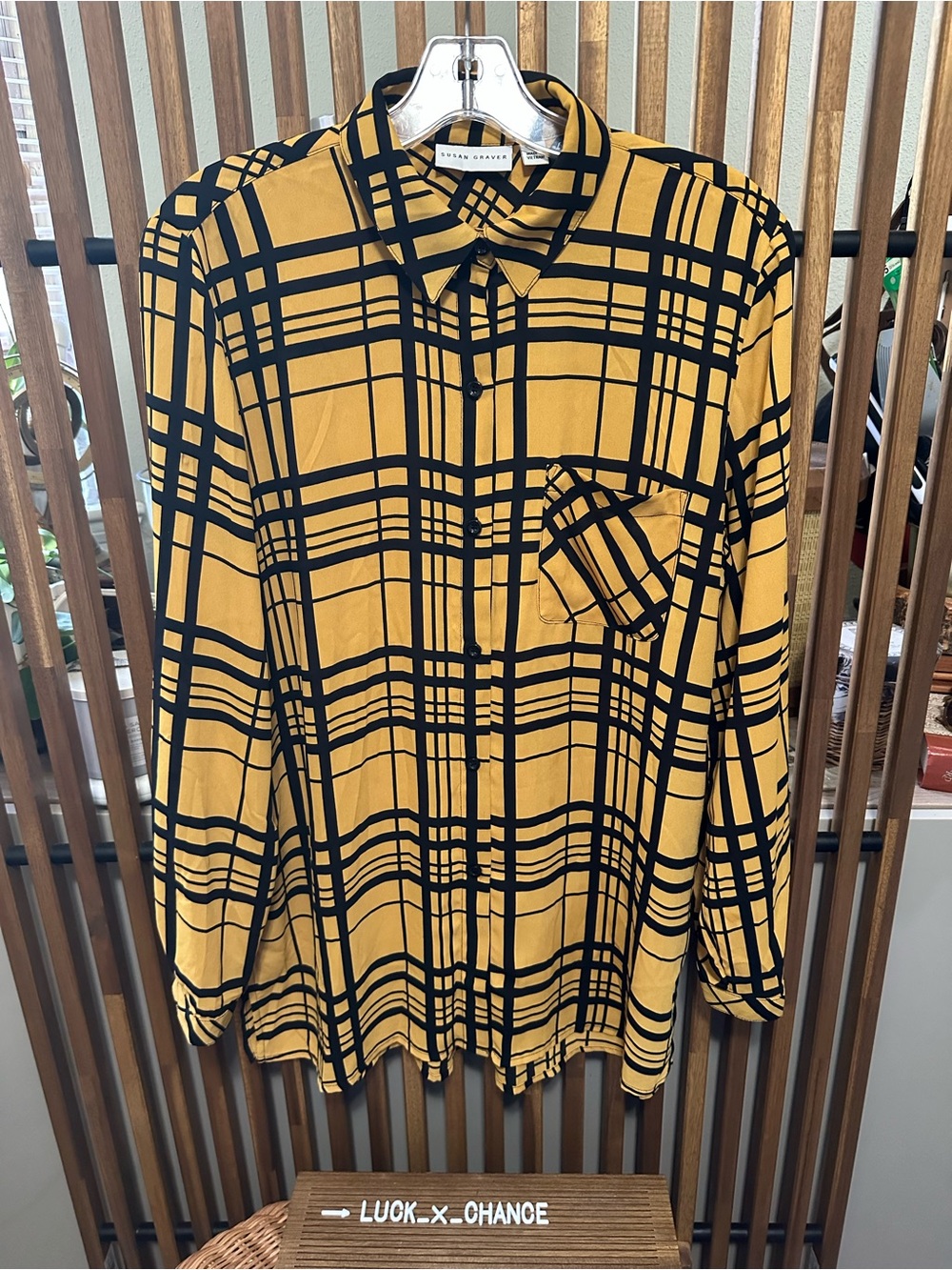 Susan Graver Yellow Black Geometric Plaid Liquid Knit Button Down Shirt 8